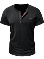 Fashion Men's Summer Short-sleeve T-shirt, Casual Round-neck Henley Shirt with Pocket - Black