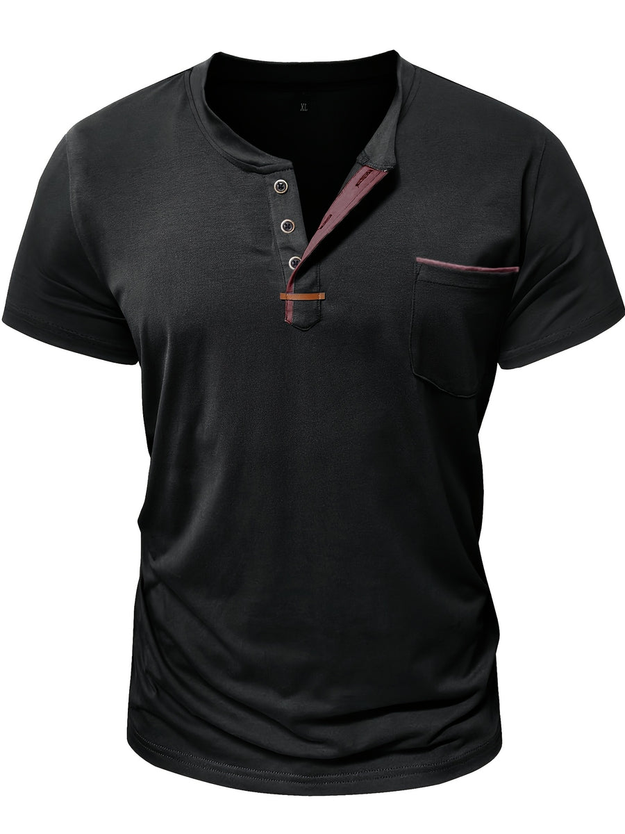 Fashion Men's Summer Short-sleeve T-shirt, Casual Round-neck Henley Shirt with Pocket - Black