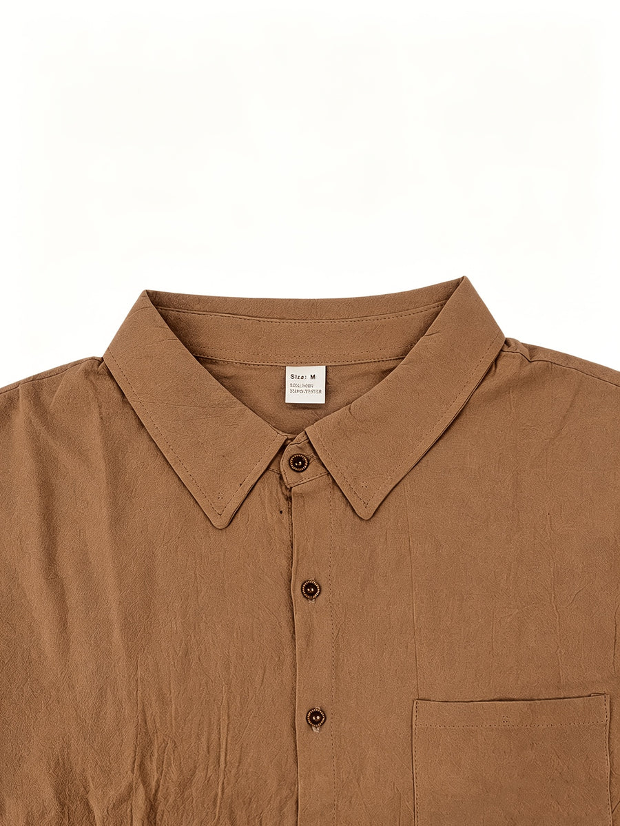 Men'S Linen Blend Long Sleeve Collared Button-Up Shirt, Casual Textured Wrinkle-Resistant Summer Top, Single Pocket Design with Adjustable Cuffs, Loose Fit Lightweight Breathable Beach Linen Shirt, V-Neck Relaxed Casual Shirt, Suitable for Vacation - Rust