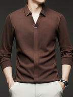 [High-End Fashion] Men'S Plus Size Polo Shirt Spring/Autumn Style French Scissor Collar Business Casual Trendy Long Sleeve T-Shirt, Suitable for Various Occasions MD967 - Coffee Color