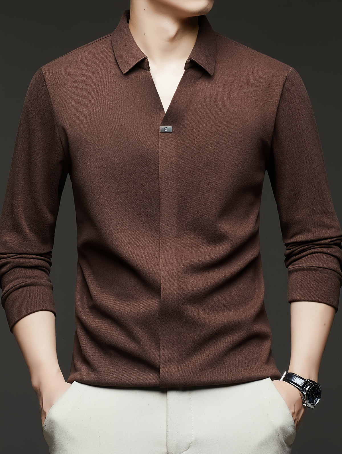 [High-End Fashion] Men'S Plus Size Polo Shirt Spring/Autumn Style French Scissor Collar Business Casual Trendy Long Sleeve T-Shirt, Suitable for Various Occasions MD967 - Coffee Color