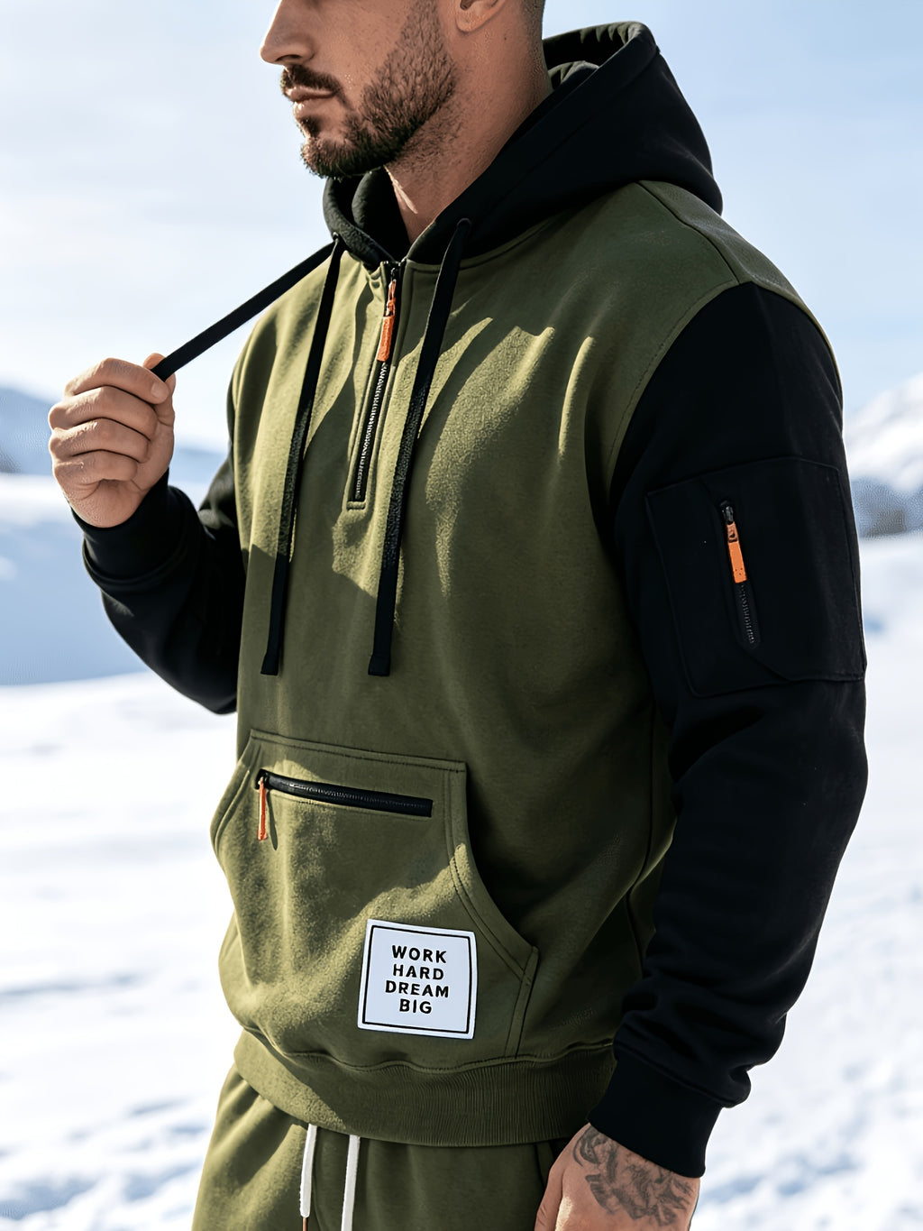 Men'S Fashion Color-Block Pullover Sweatshirt Jacket, Men'S Casual Zipper-Decorated Half-Open Cardigan Sweatshirt Top - Olive Green