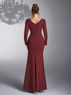 Women's Sequin Patchwork Elegant Wedding Bridesmaid Evening Dress Gown - Burgundy