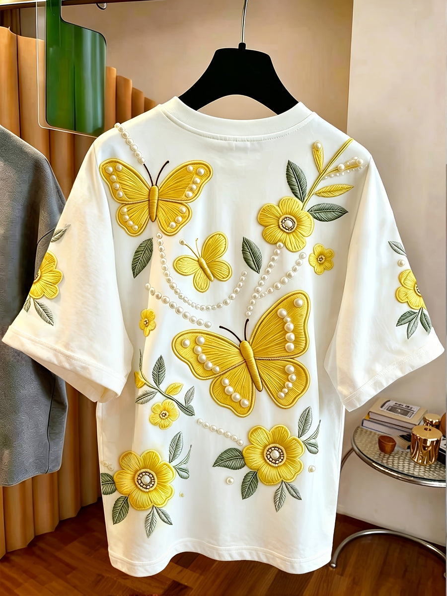 [Printed Design-Not Textured] New Women'S Blue Butterfly Floral Pattern T-Shirt, Women'S Round Neck Short Sleeve, White Base Elegant Fruit Print, Summer Daily Commute Casual Fashion Basic Style - White