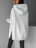Autumn and Winter Women's Casual Letter Print Long-Sleeve Hooded Sweatshirt with Split Hem Design + Color-Block Drawstring, Fleece-Lined for Warmth, Stylish and Versatile Fashion Pullover A9750-1 - Light Grey