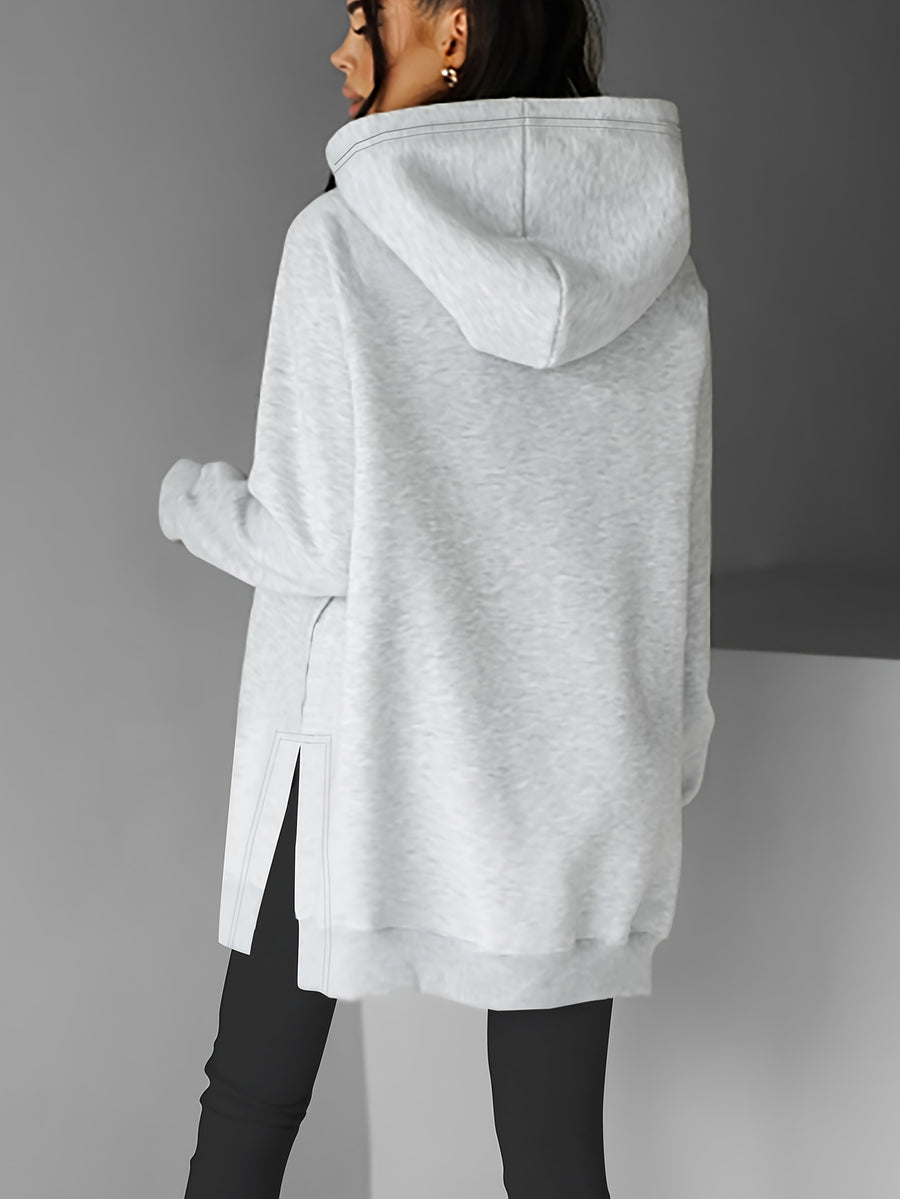 Autumn and Winter Women's Casual Letter Print Long-Sleeve Hooded Sweatshirt with Split Hem Design + Color-Block Drawstring, Fleece-Lined for Warmth, Stylish and Versatile Fashion Pullover A9750-1 - Light Grey