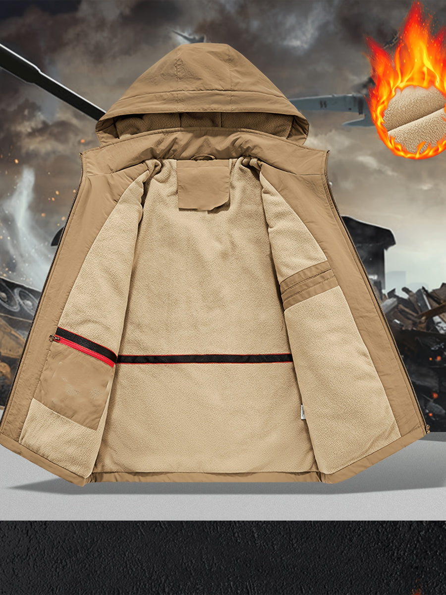 Fleece-Lined Cargo Jacket, Detachable Hood, Multi-Pocket Outerwear, Men'S Outdoor Hiking Commuter, Loose Thickened Plush Lining, Detachable Arm Badge Windproof Warm Functional Jacket - Khaki
