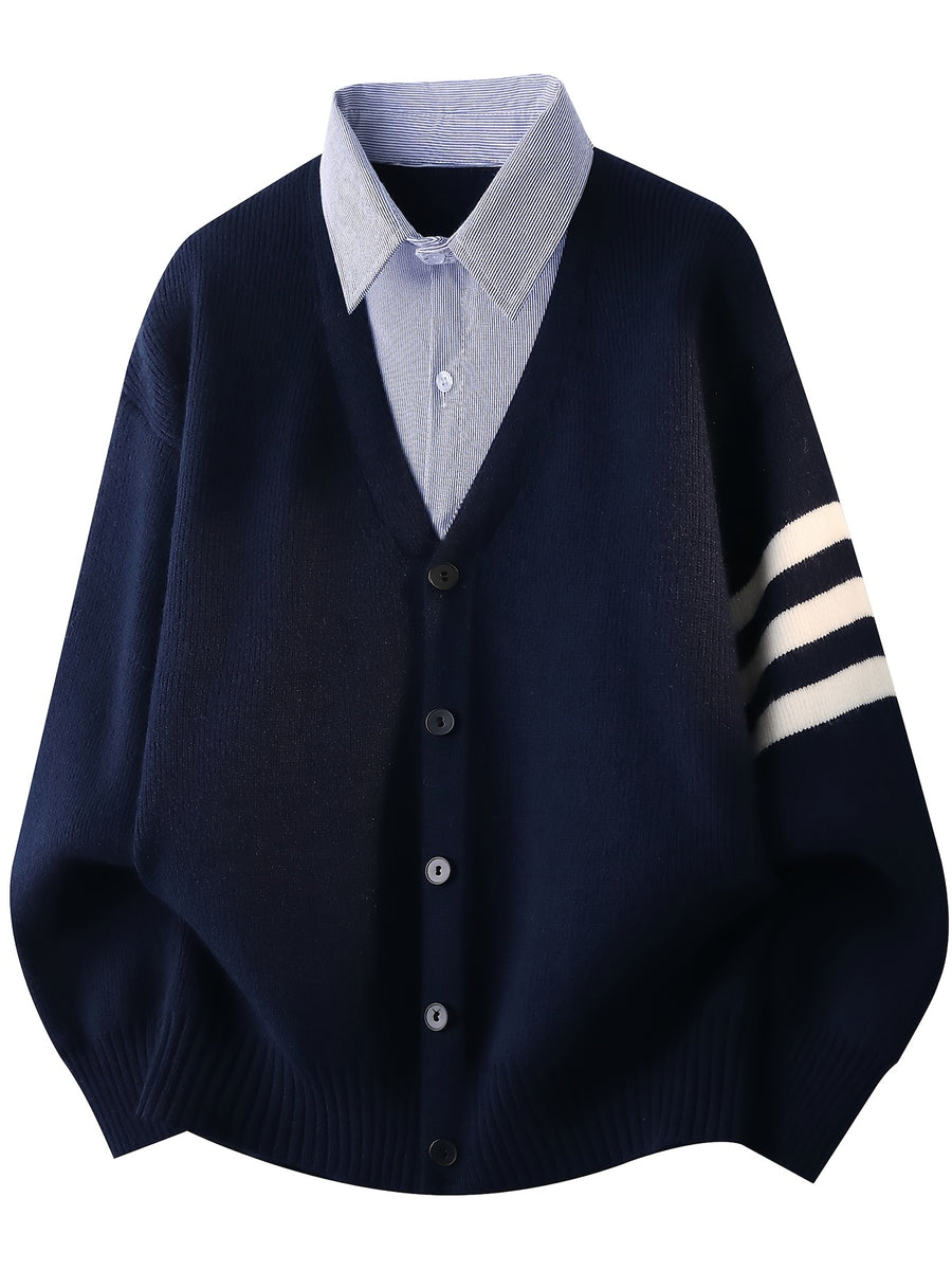 Du Jing Lan OBM 1pc Autumn/Winter New Arrival Men's Knit Cardigan, Old Money Style Contrast Color Single-Breasted 2-in-1 Look Lapel Open-Front Knit Cardigan, Men's Business Casual Fashion Open-Front Knit Cardigan Top, Suitable for Layering in Spring - Navy Color