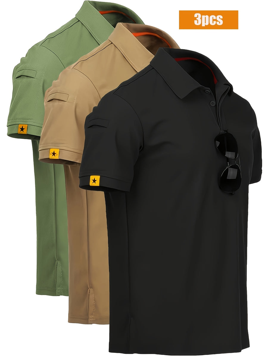 3-Pack Summer Men's Quick-Dry Sweat-Wicking Breathable Lapel Polo Shirts, Outdoor Sports Base Layers, Commuting, Training, and Security Short Sleeves - Black Green Card