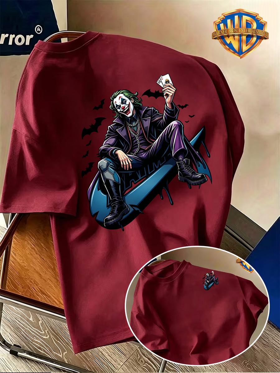 New Trendy Warner Bros. Double-Sided Print Men's Short-Sleeve T-Shirt, Halloween DC Joker Poker Bat Element Creative Print Pattern, American Dark Street Anime Style, Basic Crew Neck Design, Summer Skin-Friendly and Breathable T-Shirt Top - Burgundy