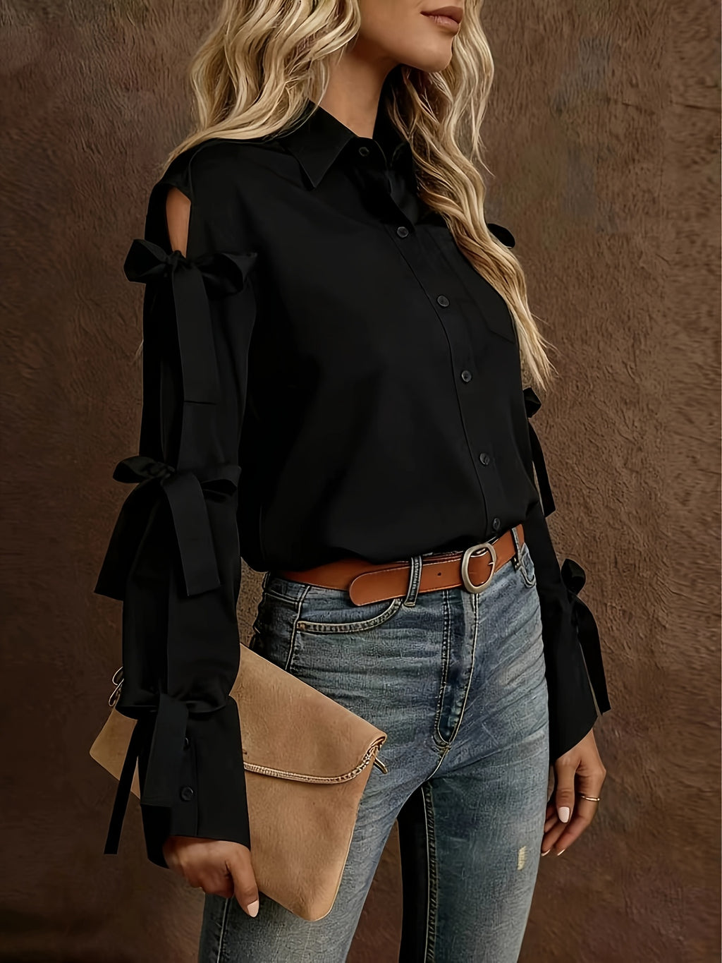 Women'S Solid Color Bow Decorated Long Sleeve Single-Button Shirt, Suitable for Office, Home, Street, And Administration - Black