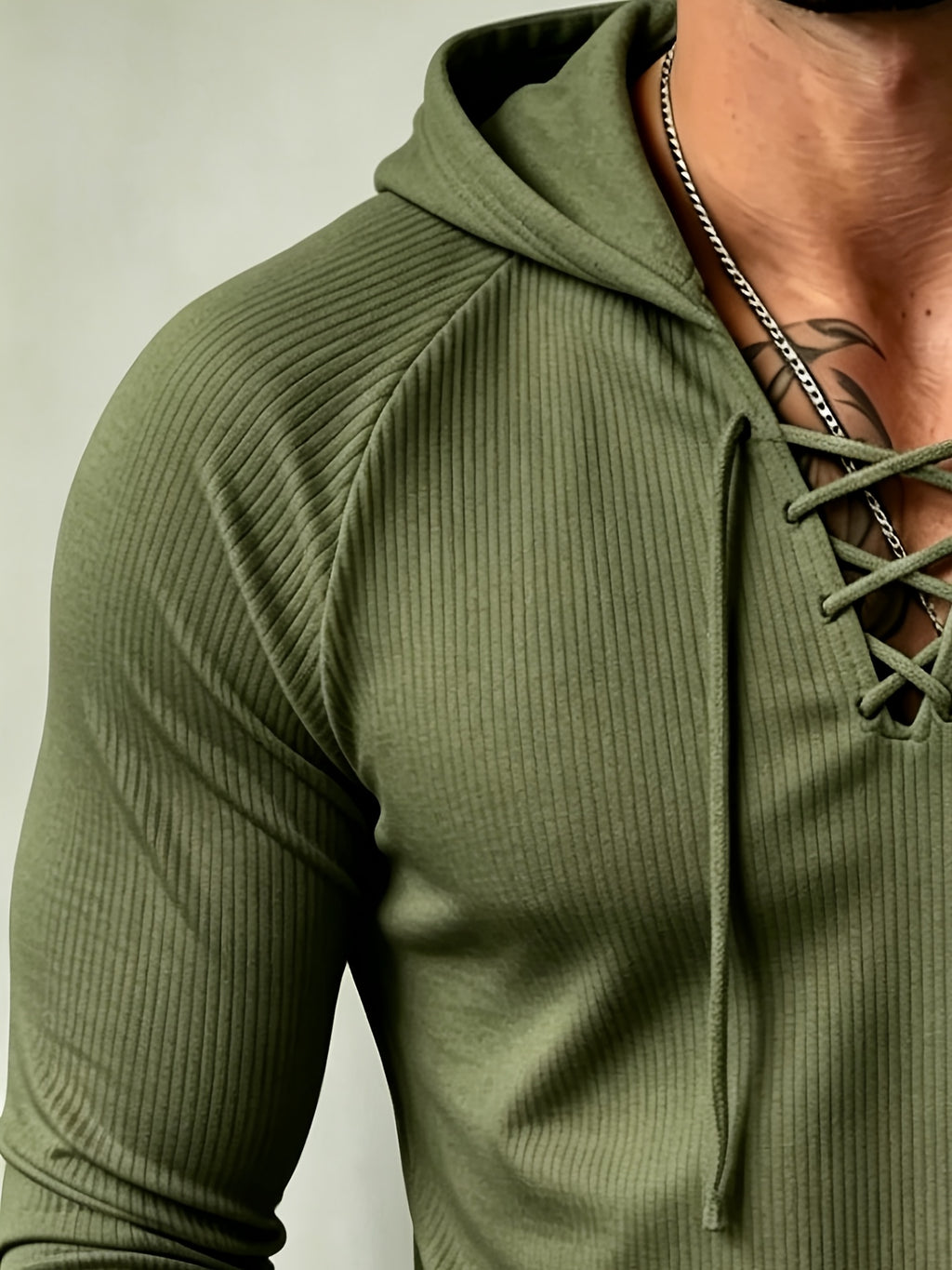 [Josh Mei OBM] American Retro Men'S Slim Fit Ringer Hooded Long Sleeve Shirt, Cross-Tie Deep V Design Elastic Texture Long Sleeve, Outdoor Casual Fitness Hat T - Military Green