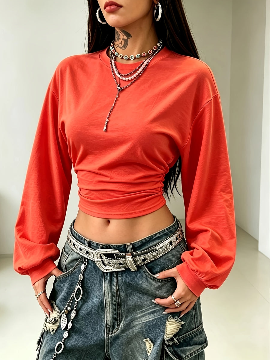 Women's Back-to- Season Basic Solid Color Pleated Asymmetrical Collar Long Sleeve Pullover Top, Autumn/Winter Casual Versatile Style,, Leisure, Dating, and Vacation Holidays in Multiple Scenarios - Orange-Red
