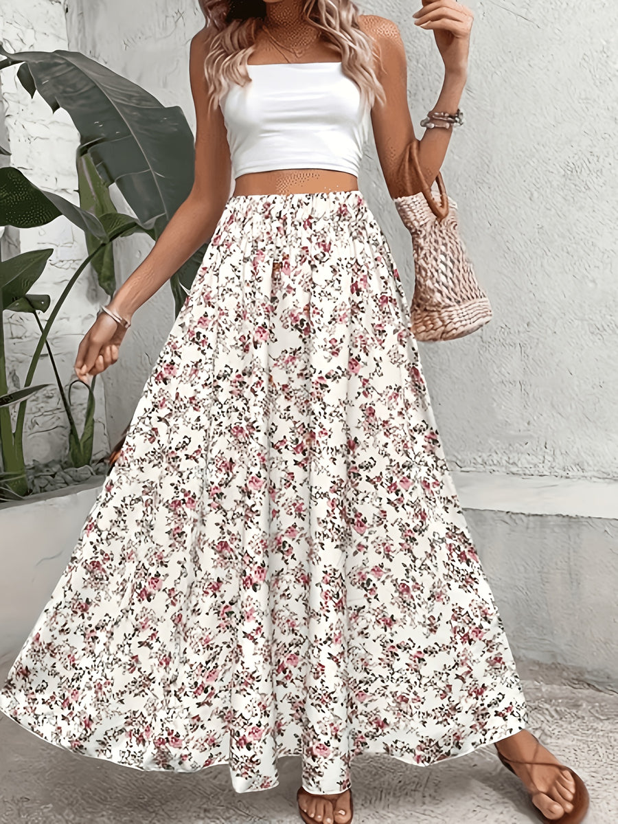 Elastic Waist Fashion Print Long A-Line Casual Versatile Midi Skirt - Apricot