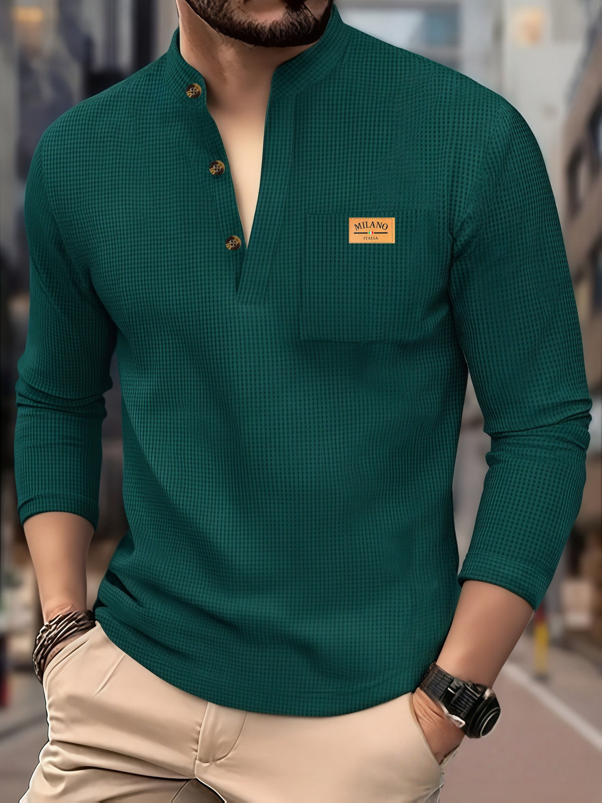 Maqiqi OBM Men's Fashion Waffle Knit Long Sleeve Henley Shirt, Stand Collar Button-Up Top with Chest Pocket and Positioned Printed LOGO, Casual Regular Fit Solid Color Spring/Autumn Daily Top - Dark Green