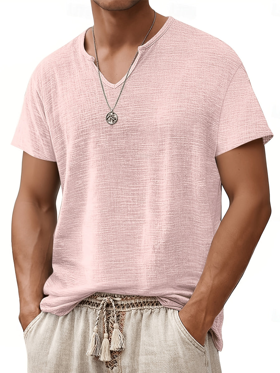 Men's Short Sleeve V-Neck T-Shirt - Breathable Summer Casual Solid Color Round Suitable for Hot Weather, Machine Washable V-Neck Top with Short Sleeves, Non- Fabric for Casual Attire, Office & Layering (No Transparency)，Fashion Trends Wear - Pink Color