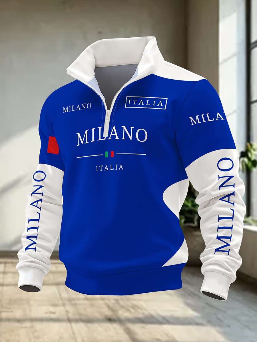 Men'S Half-Zip Lapel Sweatshirt Fashion Letter Print Casual Pullover Trendy Color-Block Patchwork Spring/Autumn Athletic Top Winter Clothes for Men - Mixed Color 8