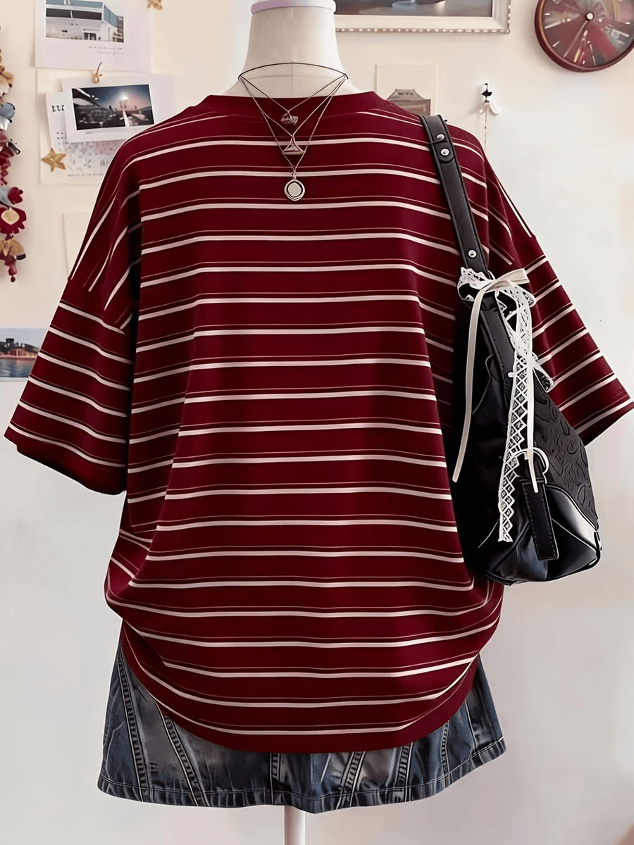 Women'S Red And White Striped Round Neck Short Sleeve T-Shirt, Casual Athletic Fashion Statement Top - Mixed colors