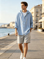 2026 New Men's Hooded Shirt, Soft and Breathable Linen Fabric, for Vacation, Travel, Leisure, Outdoor Fishing, and Beach - Sky Blue