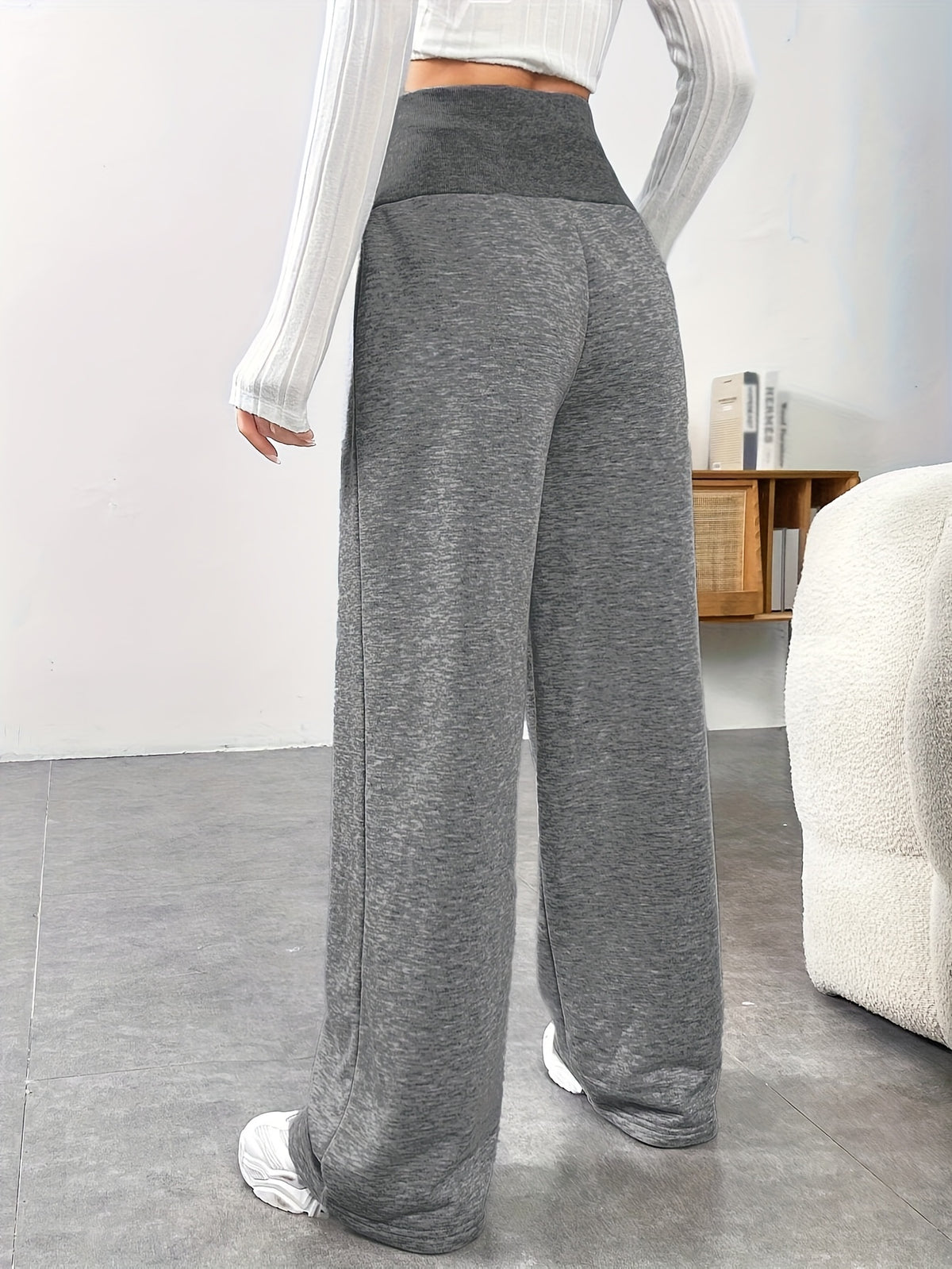 High-waisted Ribbed Waistband Wide-leg Pants with Contrast Drawstring and Label, No Pockets, Solid Color, Versatile for Daily Commuting in Spring, Summer, and Autumn. Lightweight and Easy to Wear, a Fashionable Choice - Graphite Color