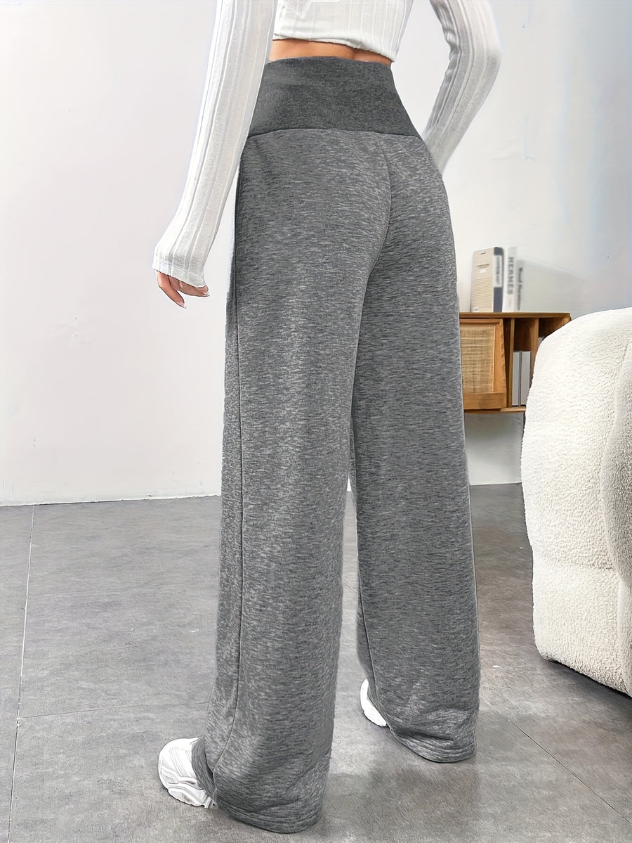 High-waisted Ribbed Waistband Wide-leg Pants with Contrast Drawstring and Label, No Pockets, Solid Color, Versatile for Daily Commuting in Spring, Summer, and Autumn. Lightweight and Easy to Wear, a Fashionable Choice - Graphite Color