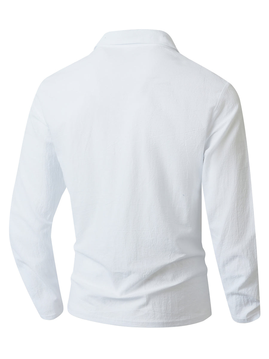 KJ-CX023-YY Old Money Style Men'S Solid Color Henley Lapel Long Sleeve Top V-Neck Pullover Shirt Beach Vacation Casual Shirt Outerwear - White