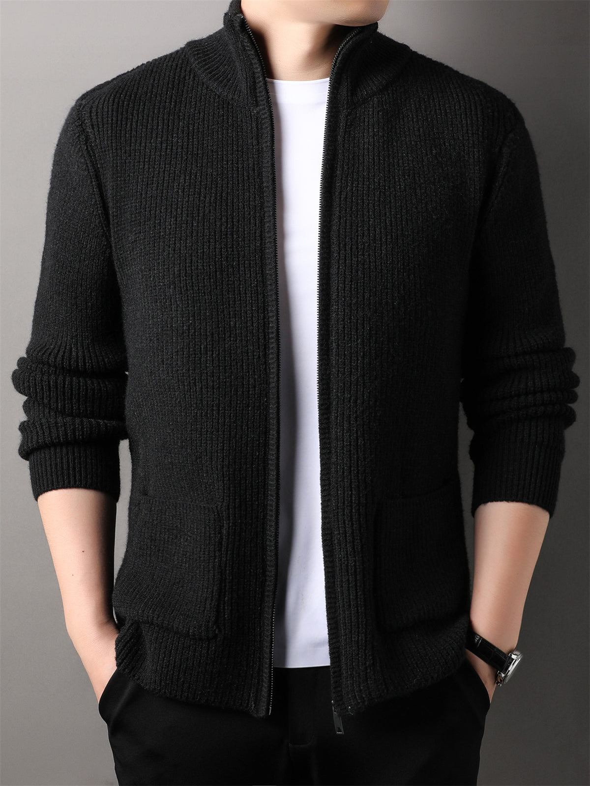 Autumn Winter Knit 3D Solid Mid-High Neck Sweater, Basic Knit Cardigan for Men, Fashionable Long-Sleeve Jacket, Monj - Black