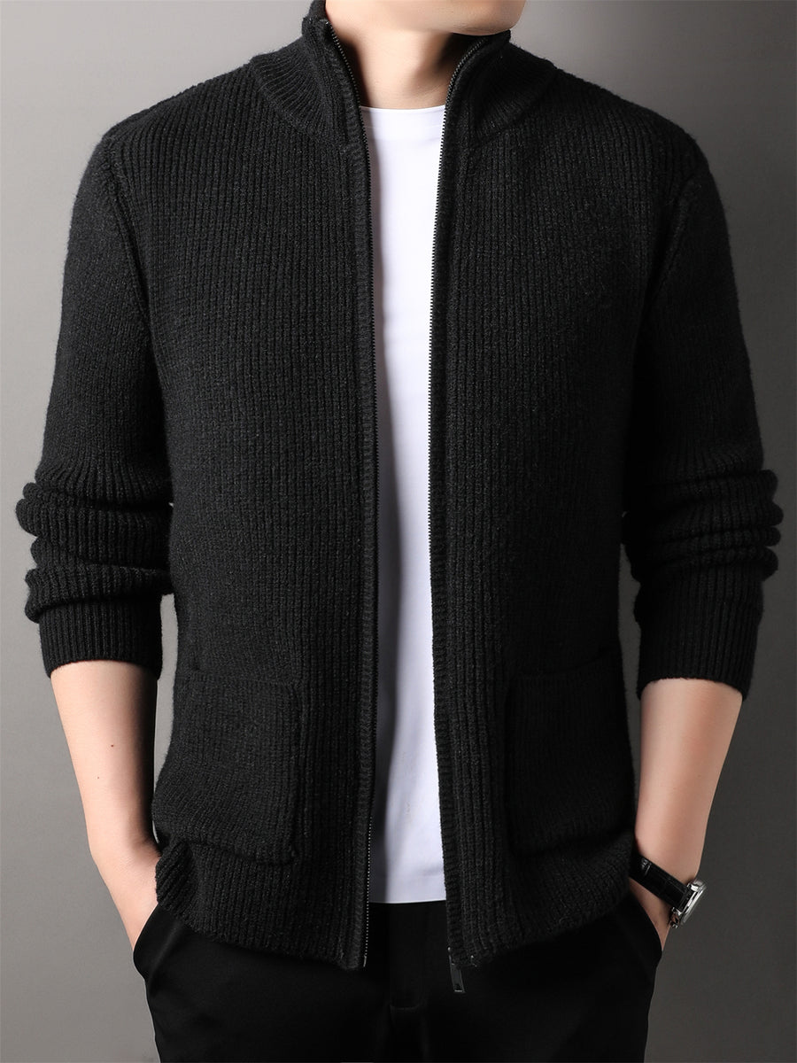 Autumn Winter Knit 3D Solid Mid-High Neck Sweater, Basic Knit Cardigan for Men, Fashionable Long-Sleeve Jacket, Monj - Black