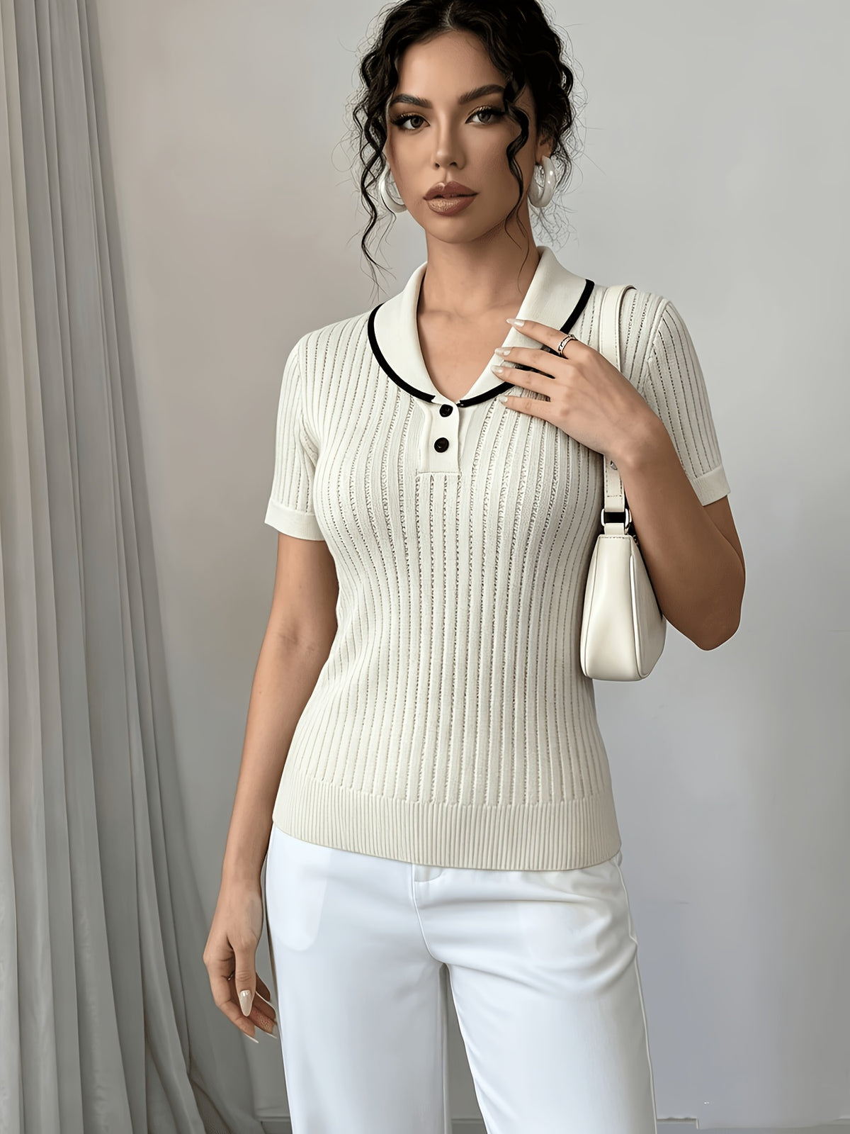 Women'S Summer Clothing Short Sleeve Solid Color Sweater, Lapel Hollow Out Design, Slim Fit Style Pullover, Spring Summer Season - Off-white