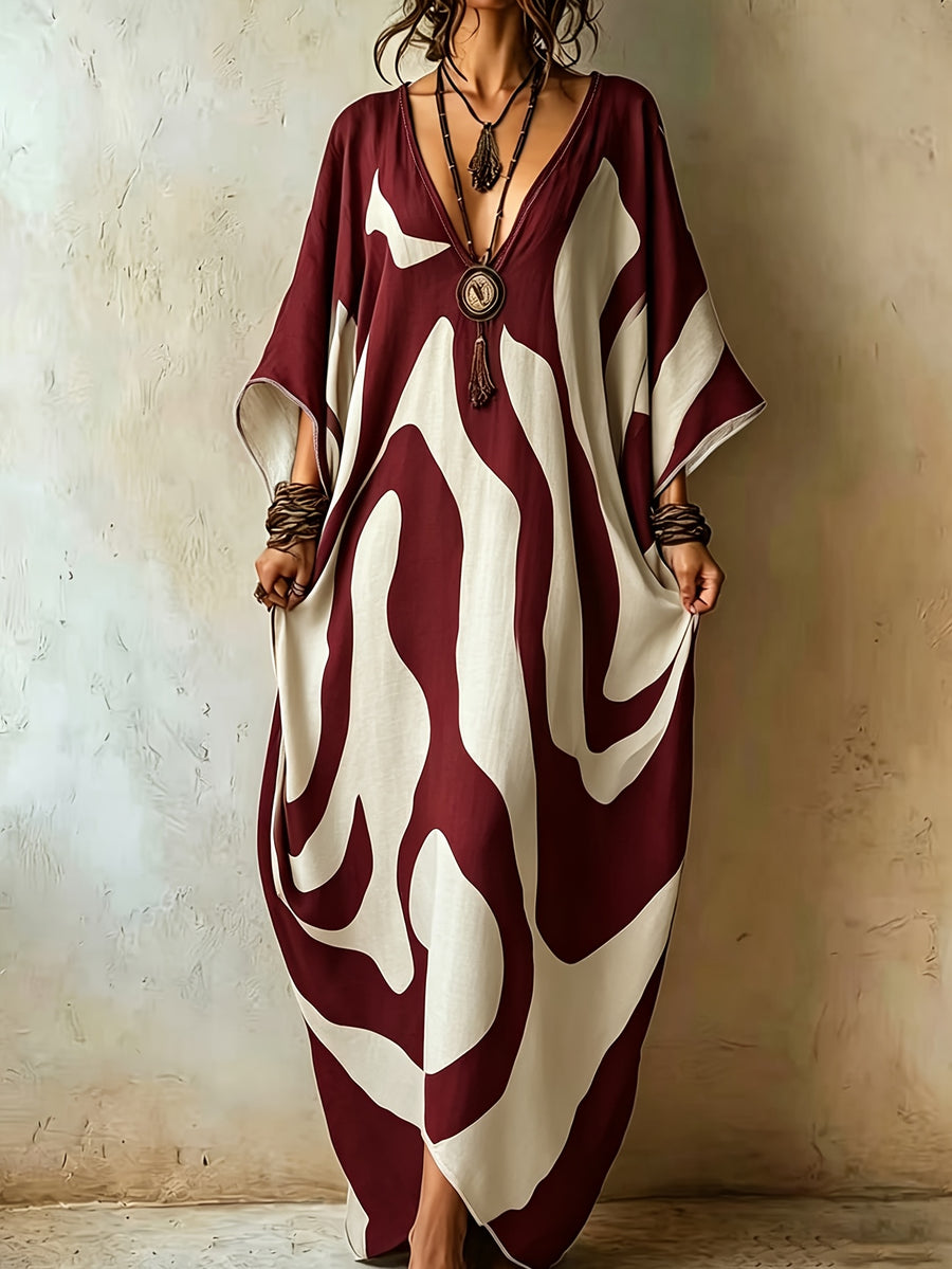 Boho Abstract Color Block Print Kaftan Dress for Women, V-Neck Batwing Sleeve Oversized Vacation Maxi Dress, Beach Cover Up Kaftan Gown - Red