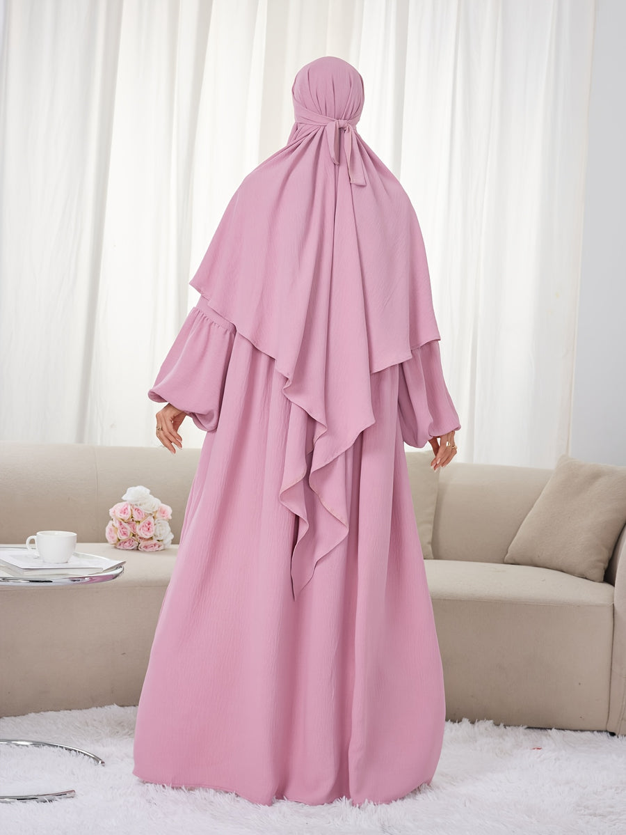 2pcs Set (Khimar And Abaya) Solid Color Muslim Prayer Outfit, Convenient Pullover Style with Lantern Sleeves And Waist Pleats, Paired with Matching Plain Headscarf Hijabs, Essential for Casual Outings, Fashionable Item Prayer Jilbab - Bright Pink Color
