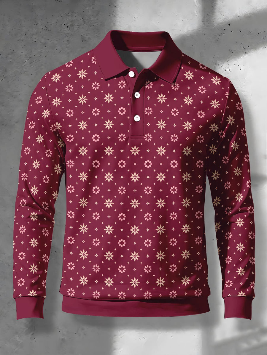 Men's Novelty Fashion Long-Sleeve Top with Fine Starburst Vintage Print, Three-Button Polo Shirt with Access Control Design, Punk Street Style Lapel Top for Daily Commuting and Outings, Surprise Birthday and Holiday Gift for Men - Mixed Color C