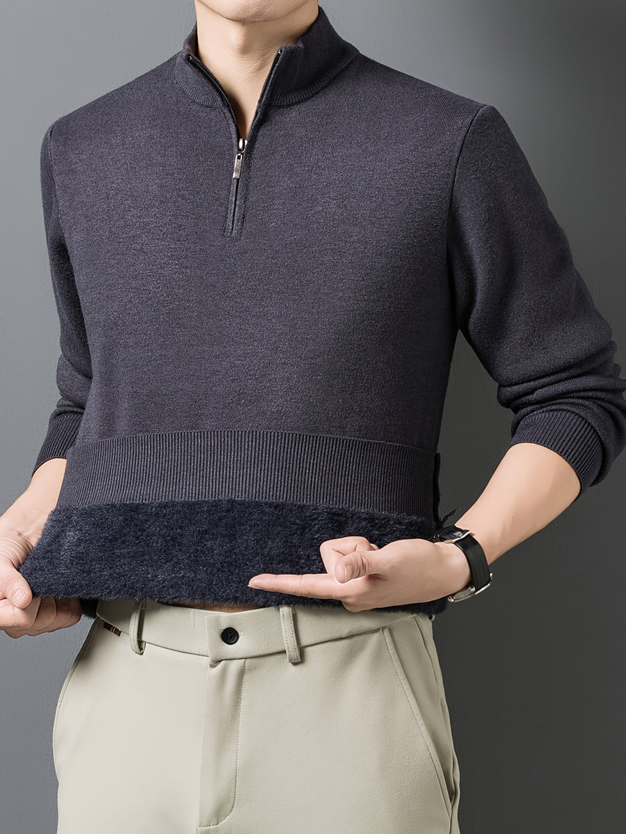 1pc Men'S Solid Color Small Stand Collar Knit Pullover Autumn Winter Zipper Casual Fleece Warm Top - Light Purple