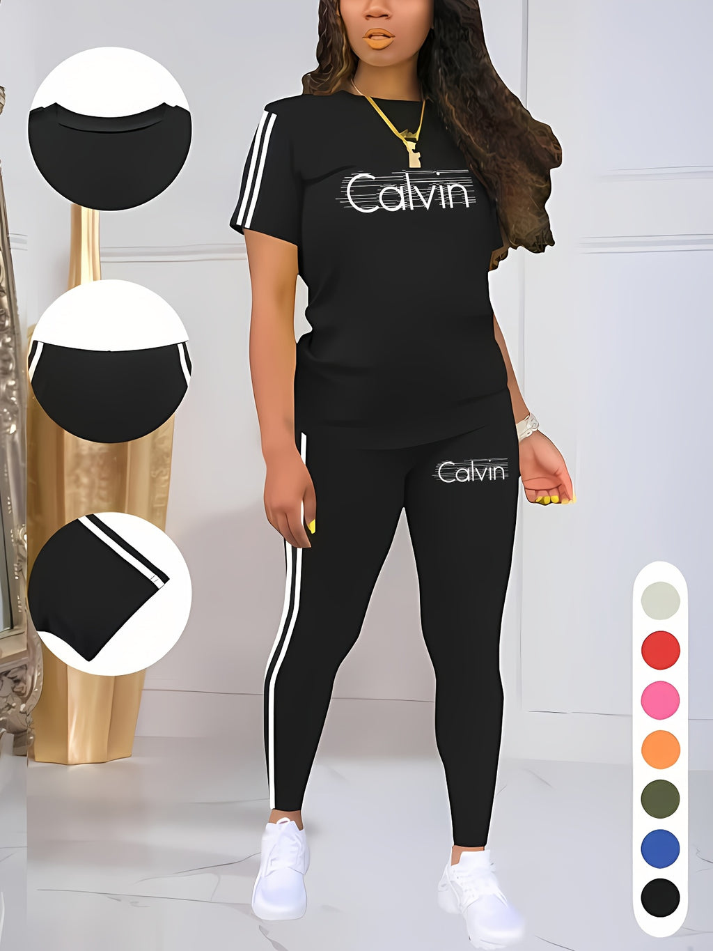 Women'S Casual Two-Piece Set with Round Neck And Short Sleeves Featuring Printed Letters - Black