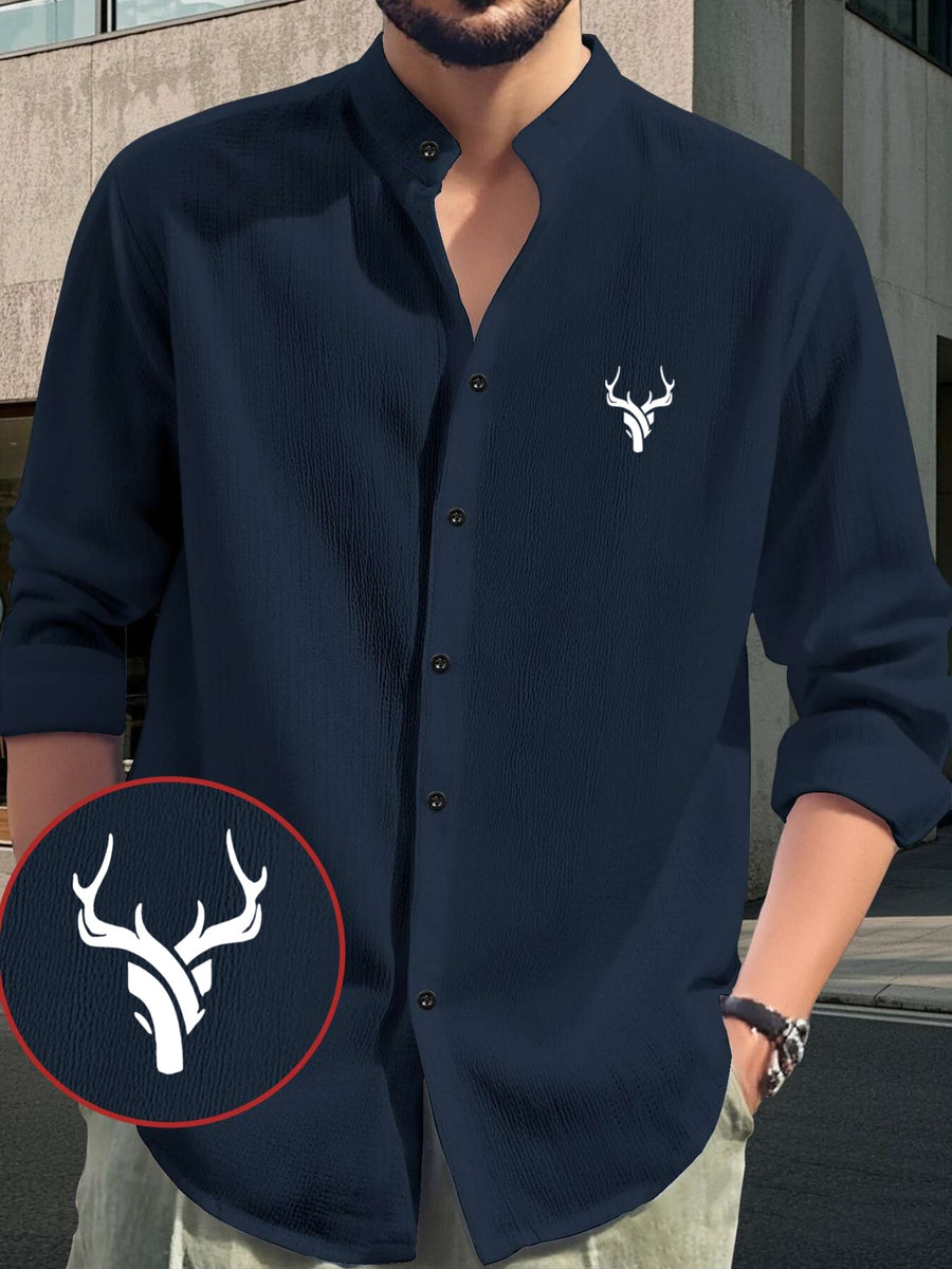 Men's Comfortable Long Sleeve Casual Shirt - Party Wear, Lightweight Breathable Stand Collar Button-Up Top, Versatile Apparel for Daily Wear, Events, and Outings, {Simple Fashion Style} Deer Head Print Pattern, Suitable for Various Occasions Fashion - Navy Color