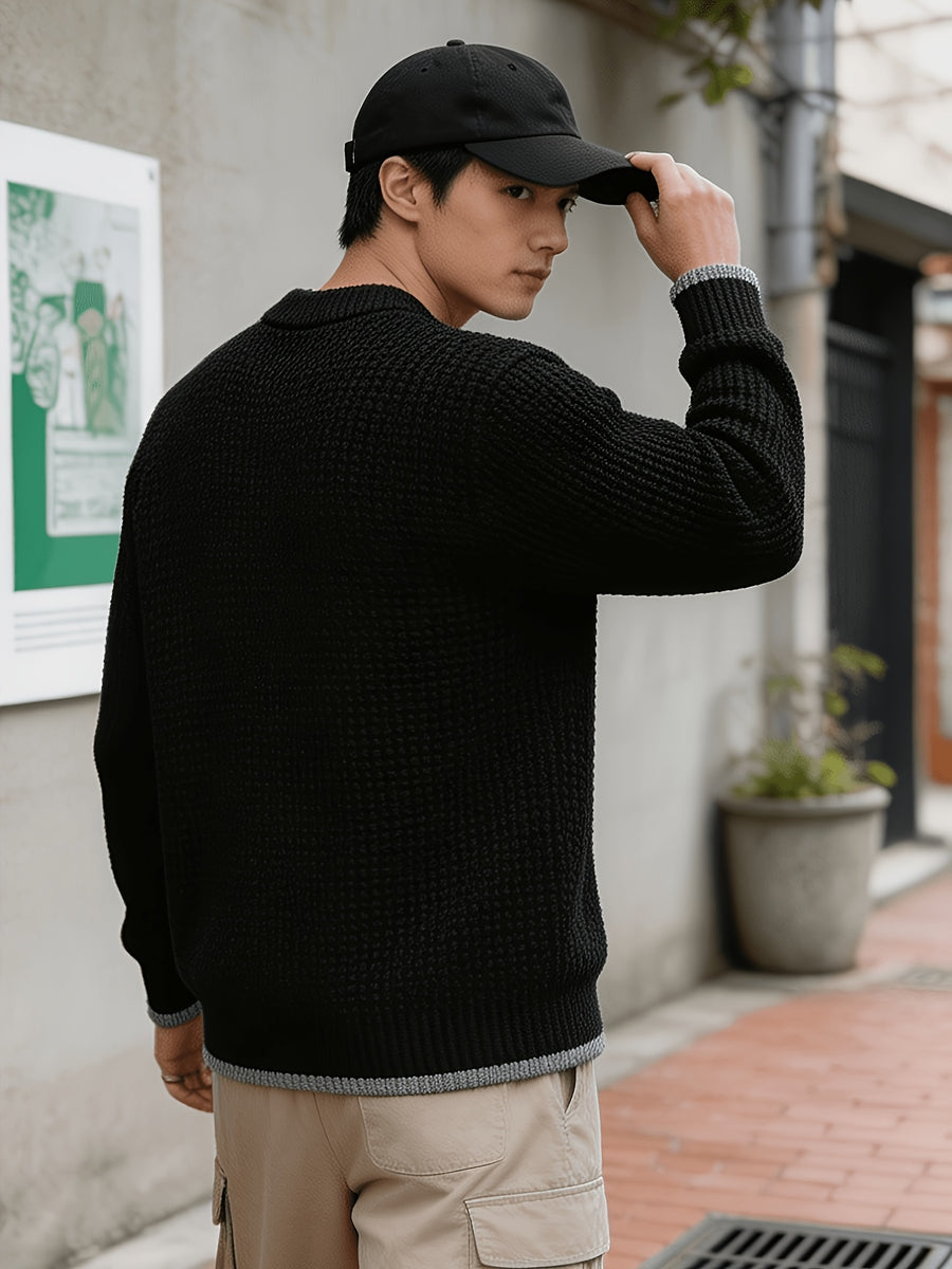 Autumn Winter Men'S Waffle Knit Round Neck Pullover Sweater, Faux Two-Piece Color Blocked Trim Long Sleeve Knit Top, Loose Drop Shoulder Warm Sweater, Suitable for Daily Commute Casual Wear - Black