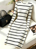 Women's Striped Round Neck Long Sleeve Button Design Casual Mid-Length Dress - White