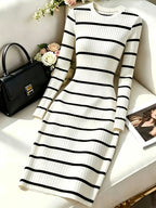 Women's Striped Round Neck Long Sleeve Button Design Casual Mid-Length Dress - White
