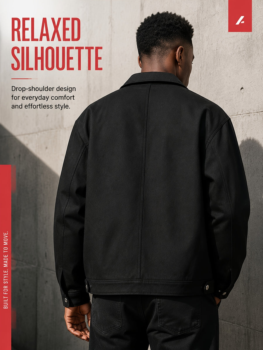 Men'S Lapel Collar Snap Button Utility Jacket, Multi-Patch Pockets Design with Pen Slot, Loose Short Cut Workwear Outer Coat, Durable Fabric Street Style Outerwear for Everyday City Wear - Black