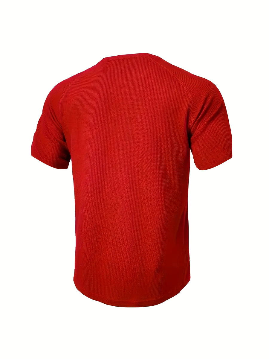 (Set of 3) Men'S Loose-Fitting Solid Color Henley Short-Sleeve, Round Neck Half-Button T-Shirt, Suitable for Outdoor Activities in Spring And Summer. - Red Lake Blue Navy