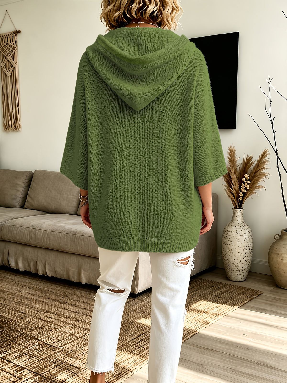 2026 Women'S Fall Winter Solid Color Hooded 3/4 Sleeve Cape Sweater Top with Drawstring And Double Pockets, Casual Easy Fashion Versatile Commute Home Vacation Outfit Pullover Top Women'S Clothing - Olive Green