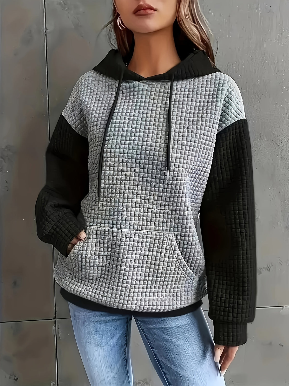 Autumn/Winter European and American Fashion Trendy Wide Fit Casual Loose Color Block Patchwork Pullover Hooded Versatile Sweatshirt Jacket for Women - Black