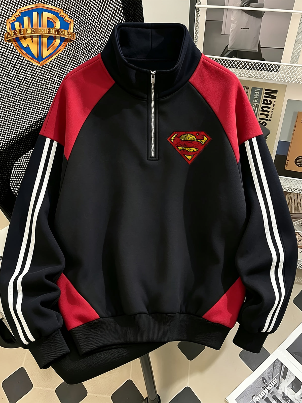 Men'S Half-Zip Stand Collar Sweatshirt, Retro Cracked Distressed Superman Classic S Shield Print, Black Red Contrast Patchwork with Double Stripes Long Sleeve Top, Autumn Winter Loose Casual Athletic Pullover Jacket, Trendy Outerwear for Daily Wear - Black And Red