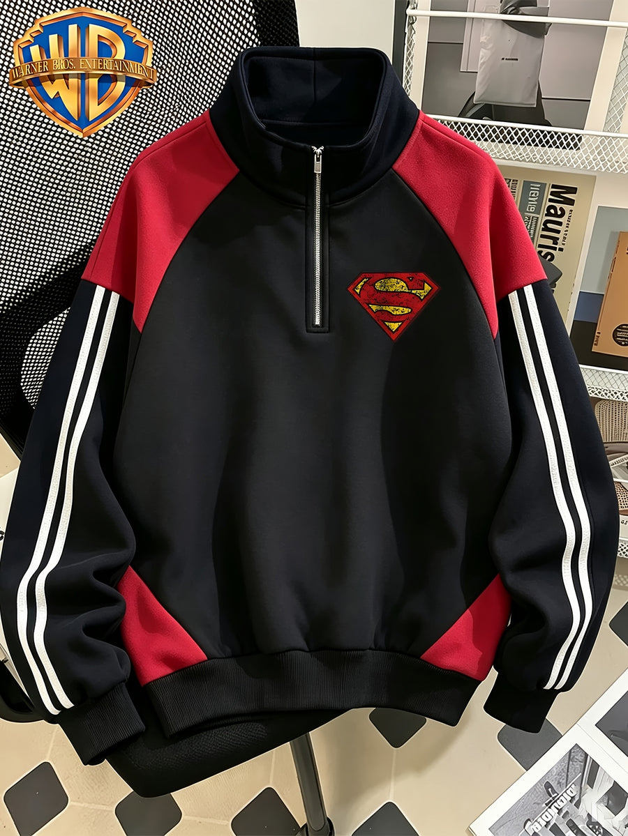 Men'S Half-Zip Stand Collar Sweatshirt, Retro Cracked Distressed Superman Classic S Shield Print, Black Red Contrast Patchwork with Double Stripes Long Sleeve Top, Autumn Winter Loose Casual Athletic Pullover Jacket, Trendy Outerwear for Daily Wear - Black And Red