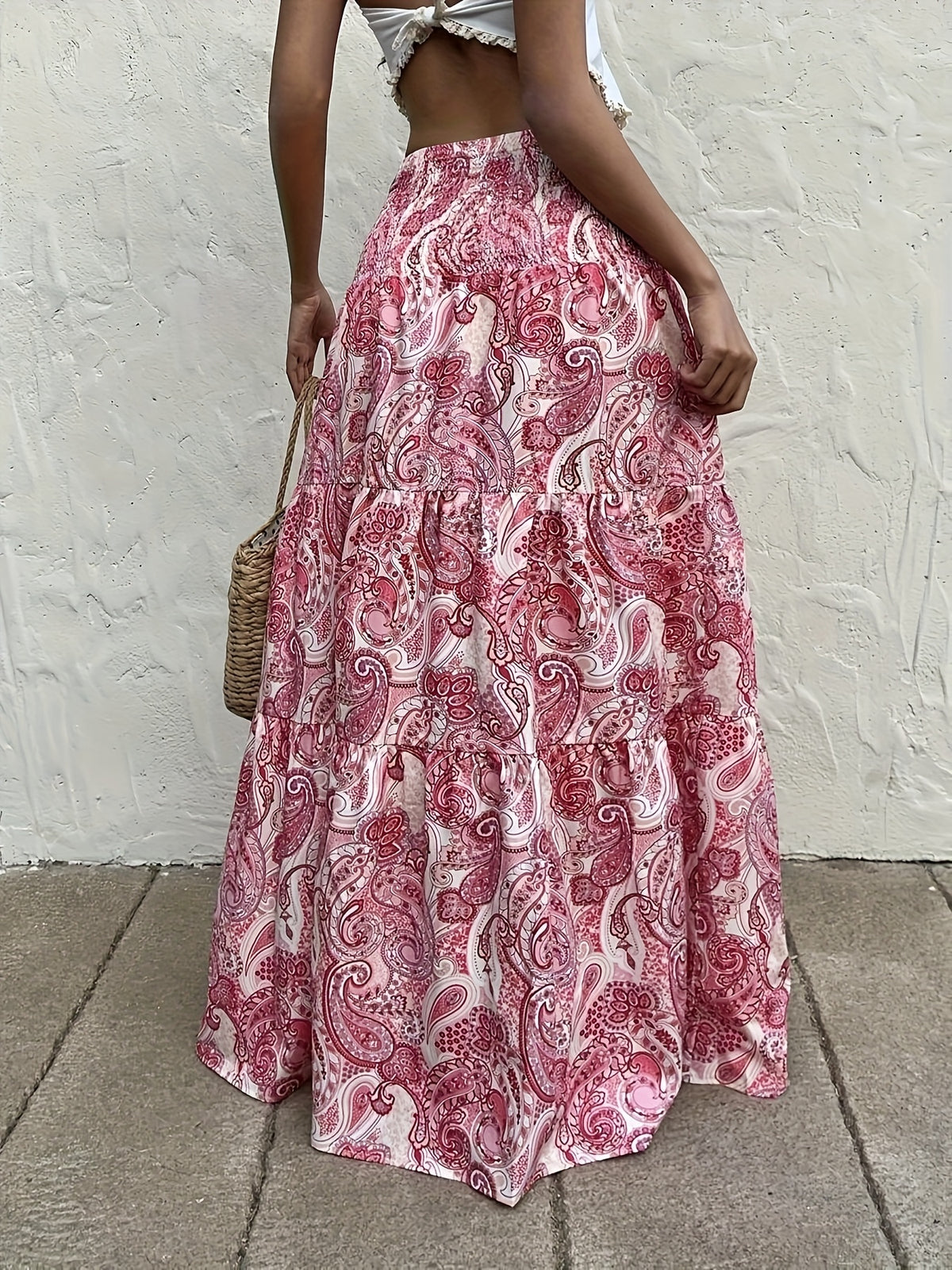 Women'S Bohemian Floral Print Maxi Skirt with Drawstring Waist - A-Line Flowy Skirt for Spring/Summer Vacation & Casual Outfits, Pink & White Floral Pattern, Lightweight Polyester Fabric, Vacation Clothing | Bohemian Style | Lightweight Fabric - Red