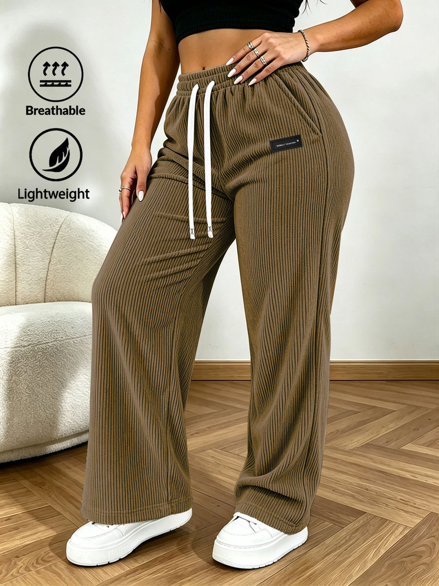 Trendy Fashion Corduroy Straight-Leg Women'S Pants, Elastic Waist with Adjustable Drawstring, Lightweight And Breathable, Suitable for Casual Wear, Outdoor, Outings, Office, Dates, Lunchtime Leisure - Dark Brown