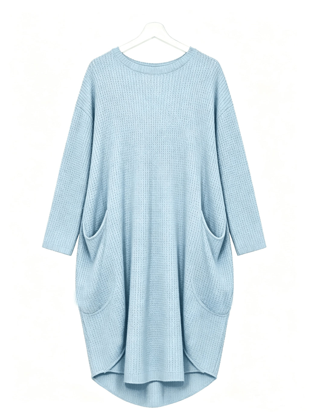 Plus Size - Beautiful Women'S Plus Size Round Neck Loose Long Sleeve Solid Waffle Dress with Pockets - Sky Blue