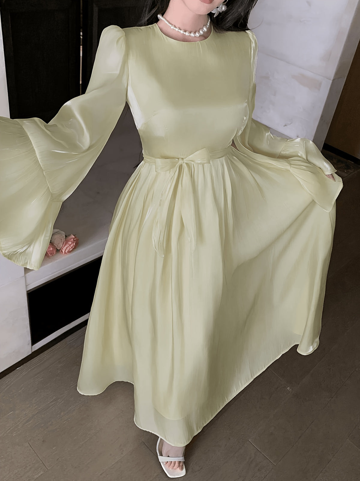 [WY260306061] Elegant Style Yellow Satin Long Dress Women'S Round Neck Bell Sleeve Tie-Waist Flowing Wedding Guest Party Formal Evening Dress - Yellow