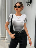 Women'S T-Shirt with Striped Print And Bow Decoration on The Back - Black And White Stripes
