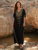 Embroidery Print Causal Short Sleeve Maxi Dress for Women 2026 Summer Split Sides Ethnic Pattern Caftan Robe Loungewear Q1704 - Black